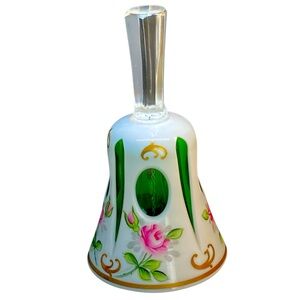 VTG Czech Bohemian Milk Glass Cased Cut To Green Crystal Hand Bell
